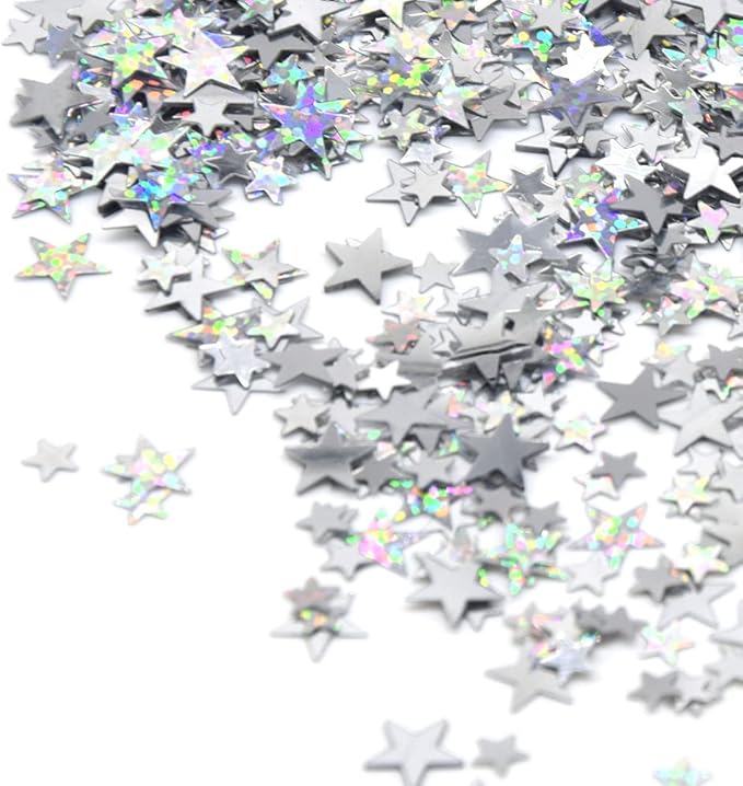 Ruidee 60g Star Confetti Metallic Foil Stars Table Confetti Metallic Foil Stars Sequin for Halloween Birthday Wedding Festival Party DIY(Silver/Glitter Silver)