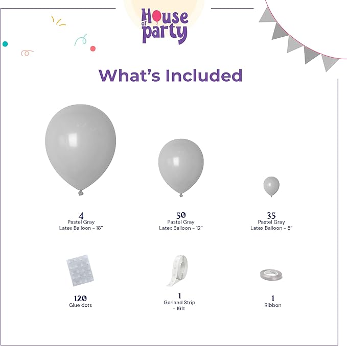 HOUSE OF PARTY Pastel Gray Balloons - Grey Balloon Garland, 5/12/18 Inch Grey Balloons Different Sizes Pack for Graduation Party, Wedding Décor, Birthday Party and Easter Decorations
