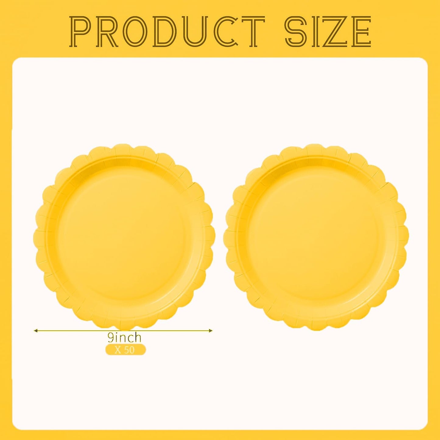 BEFORYOU 50PCS Scalloped Disposable Paper Plates 9IN Dessert Cake Party Plates for Baby Shower, Wedding,Bridal Shower Birthday Party Supplies (Yellow, 9IN)