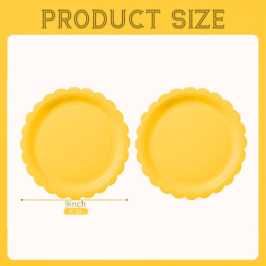 BEFORYOU 50PCS Scalloped Disposable Paper Plates 9IN Dessert Cake Party Plates for Baby Shower, Wedding,Bridal Shower Birthday Party Supplies (Yellow, 9IN)