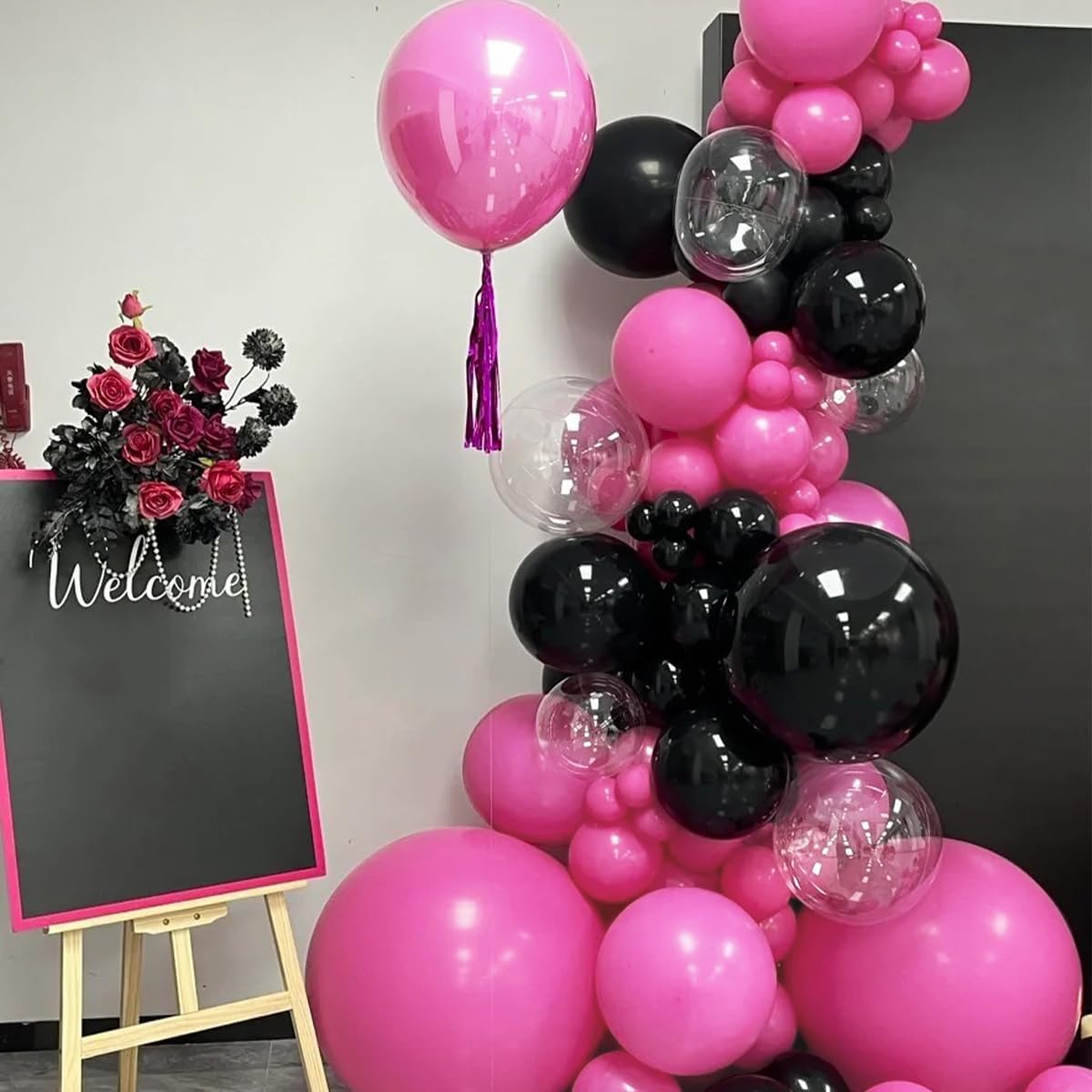 Black and Hot Pink Balloons Garland Arch Kit With Clear Bobo Balloons, 151Pcs Latex Balloons Different Sizes 18 12 10 5 inch for Valentine Day Birthday Holiday Party Decorations