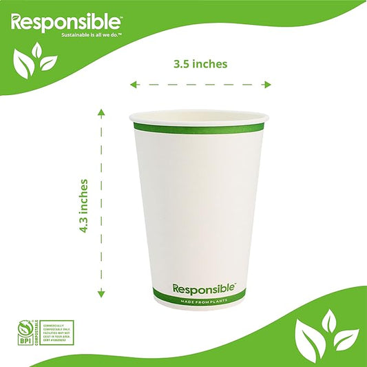 Responsible Products 12 oz Paper Hot Cups, Tree-Less™ Compostable Paper Coffee Cups, Extra Strength, Tree-Free and Made Without PFAS, White (1000 Count)