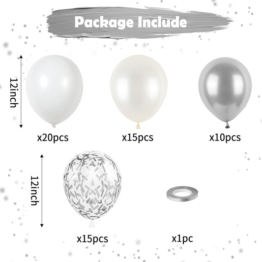 White and Silver Balloons, Metallic Silver and White Balloons Pearl White Silver Party Balloons Silver Confetti Balloons Chrome Latex Balloons for Kids Adults Birthday Wedding Baby Shower Graduation