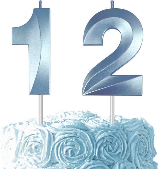 Blue Number 12 Candles, 3D Diamond 2.76 Inch Cake Topper Birthday Candles for Wedding Anniversary Cake Decorations, Happy Birthday Party Decorations