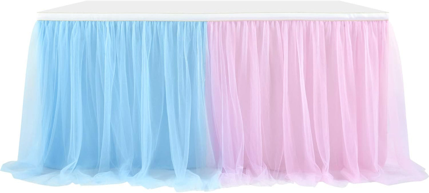 Suppromo 6ft Pink and Blue Tulle Table Skirt for Gender Reveal Tutu Table Clothes Cover for Baby Shower Boy or Girl Birthday Party Wedding Cake Gender Reveal Party Decorations Supplies