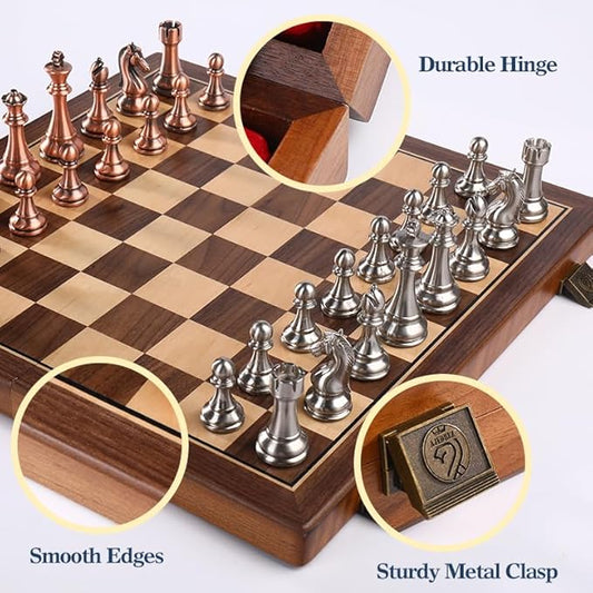 15 Inch Walnut Chess Board Set for Adults Kids Metal Chess, Folding Portable Travel Chess Game for Tournament Professional Beginner with Manual