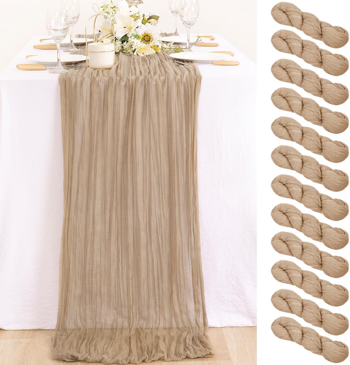 MLMC 12 Pack Nude Cheesecloth Table Runner 10ft Boho Rustic Gauze Taupe Cheese Cloth Table Runner Neutral Fall Decor 35x120 Inches for Reception Wedding Bridal Shower Party Decor