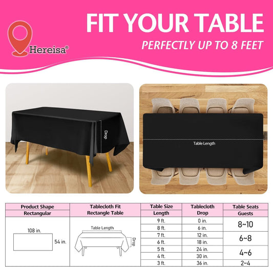 Disposable Plastic Tablecloth Black 54x108 Inch, 5-Pack Waterproof Rectangular Table Cover for Parties, Picnics, Dining Protection