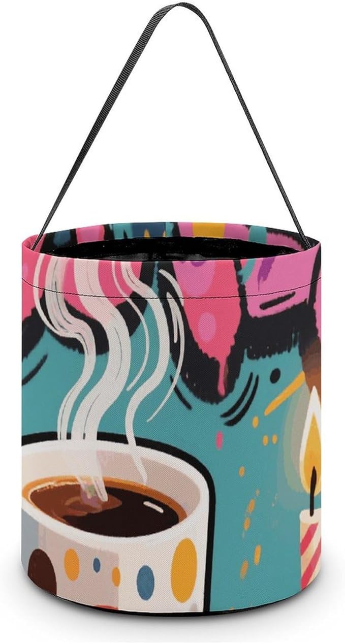 Halloween Candy Bucket - Doodle Style Coffee Cake Trick Or Treat Candy Bag, Gift Bag for Party Favor Supplies