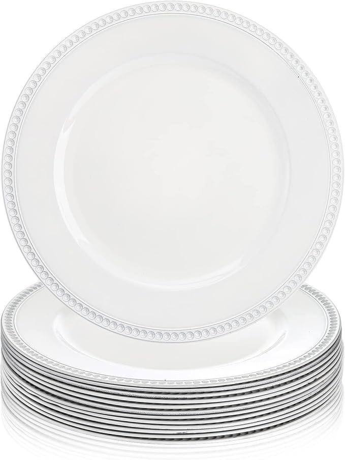 Okllen 12 Pack Plastic Round Charger Plates, 13" Dinner Chargers Decorative Plates with Beaded Rim, Embossed Charger Serving Plates for Wedding, Catering Event, Tabletop Decor, White