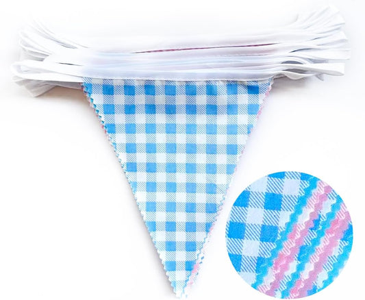 32Ft Pink Blue Gingham Party Decorations Blue Pink Gingham Fabric Triangle Banner Flag Plaid Pennant Garland Streamer for Gender Reveal Birthday Boy or Girl Baby Shower He or She Party Decor Supplies