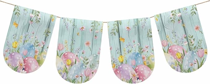 Easter Eggs Banner 4Pcs Indoor Outdoor Hanging Banner Flag Spring Daisy Eucalyptus Leaves Teal Wooden Sign for Fireplace Mantel Decorative Bunting Garland Valance for Shop Door Mantle Decor 9.8"x15.8"