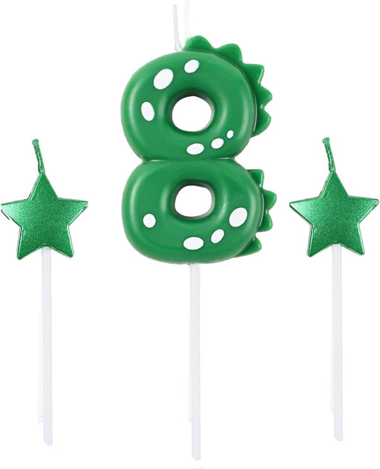 2.75 Inch Green Dinosaur Shaped 8 Number Birthday Candles and Star Birthday Candles,Suitable for Dinosaur Birthday Decorations & Themed Parties Celebration