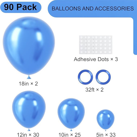 90pack Metcllic Blue Balloons Different Size 18/12/10/5 Inch Metcllic Blue Balloon Garland Arch Kit for Graduation, Wedding, Birthday, Valentine's Day Party Decorations
