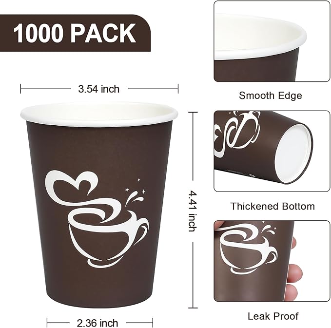 1000 Count 12 oz Paper Coffee Cups, Disposable Drinking Cups for Hot or Cold Beverage, 12 ounce Brown Coffee Cups for Party, Business, Travel, Picnic