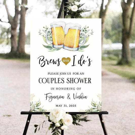 Personalized Greenery Eucalyptus Bubbles and Brews Couples Shower Welcome Sign, Gold Modern Minimalist Wedding Shower Bridal Party Decoration, Outdoor Plastic Sign Weatherproof #18