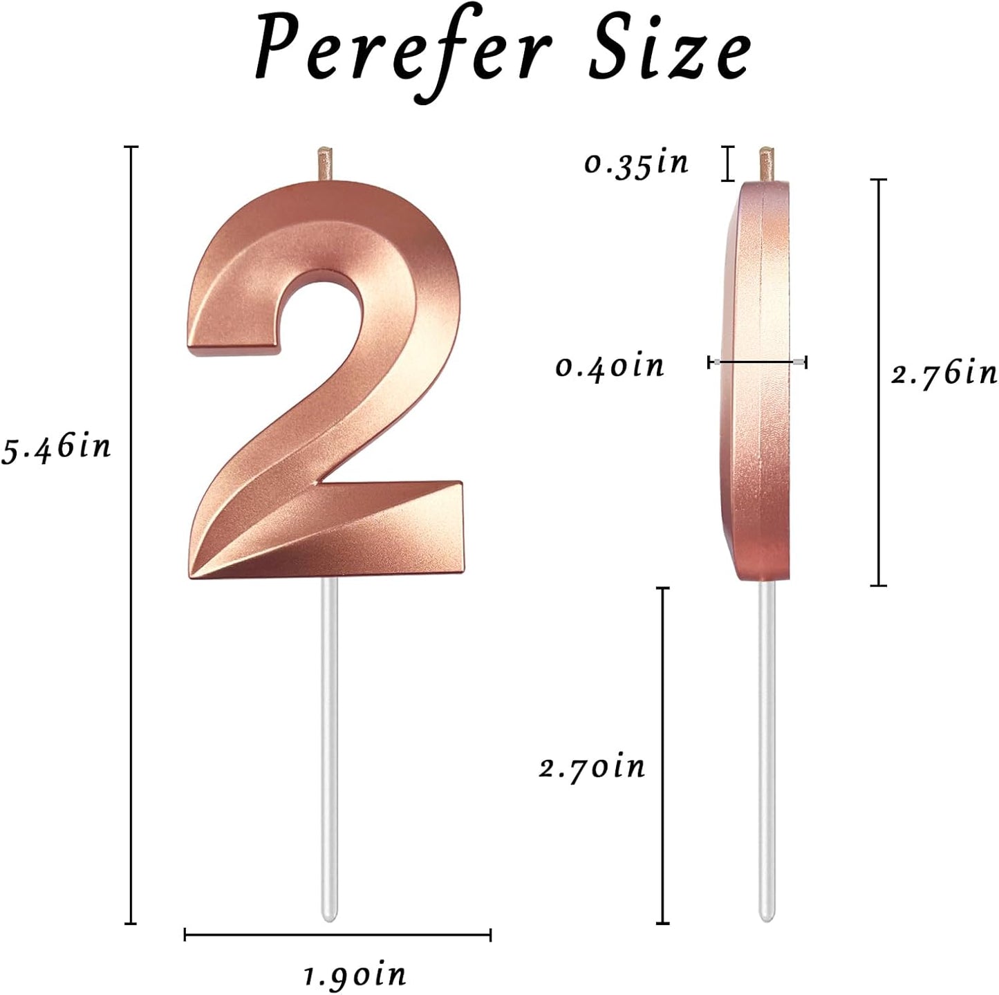 Rose Gold Number 2 Candles, 3D Diamond 2.76 Inch Cake Topper Birthday Candles for Wedding Anniversary Cake Decorations, Happy Birthday Party Decorations