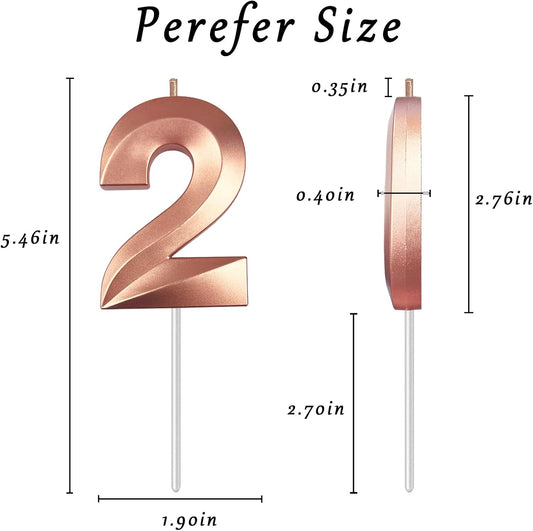 Rose Gold Number 2 Candles, 3D Diamond 2.76 Inch Cake Topper Birthday Candles for Wedding Anniversary Cake Decorations, Happy Birthday Party Decorations