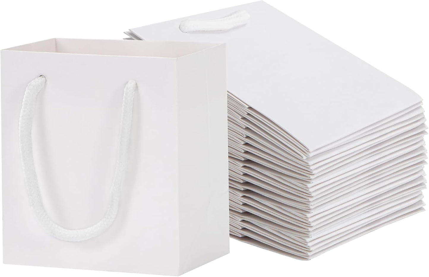 driew Small White Gift Bags 50 Pcs, 4" x 2.8" x 4.5" Min Thick Kraft Paper Bags Bulk with White Handles Set for Wedding Party Birthday Gathering Baby Shower