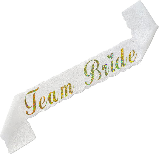 HAPRTY Team Bride Sash, White Lace Bachelorette Party Sash for Bridal Shower Engagement Party Supplies and Accessories for Team Brides