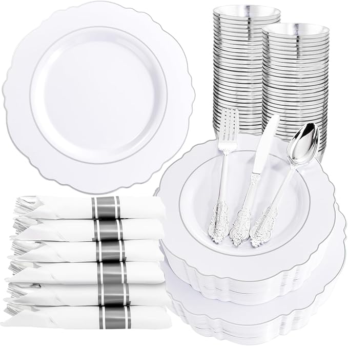Liacere 175pcs Silver Plastic Plates - White and Silver Disposable - 25guest Baroque Plastic Dinnerware include 50Plates, 25Pack Pre Rolled Napkins with Silverware 25Cups for Wedding&Party&Easter Day