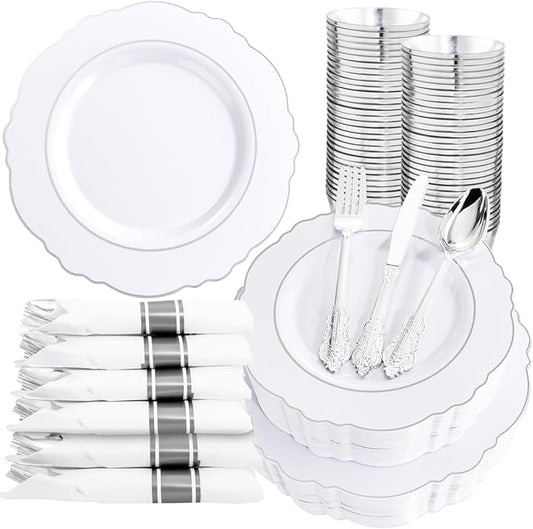 Liacere 175pcs Silver Plastic Plates - White and Silver Disposable - 25guest Baroque Plastic Dinnerware include 50Plates, 25Pack Pre Rolled Napkins with Silverware 25Cups for Wedding&Party&Easter Day