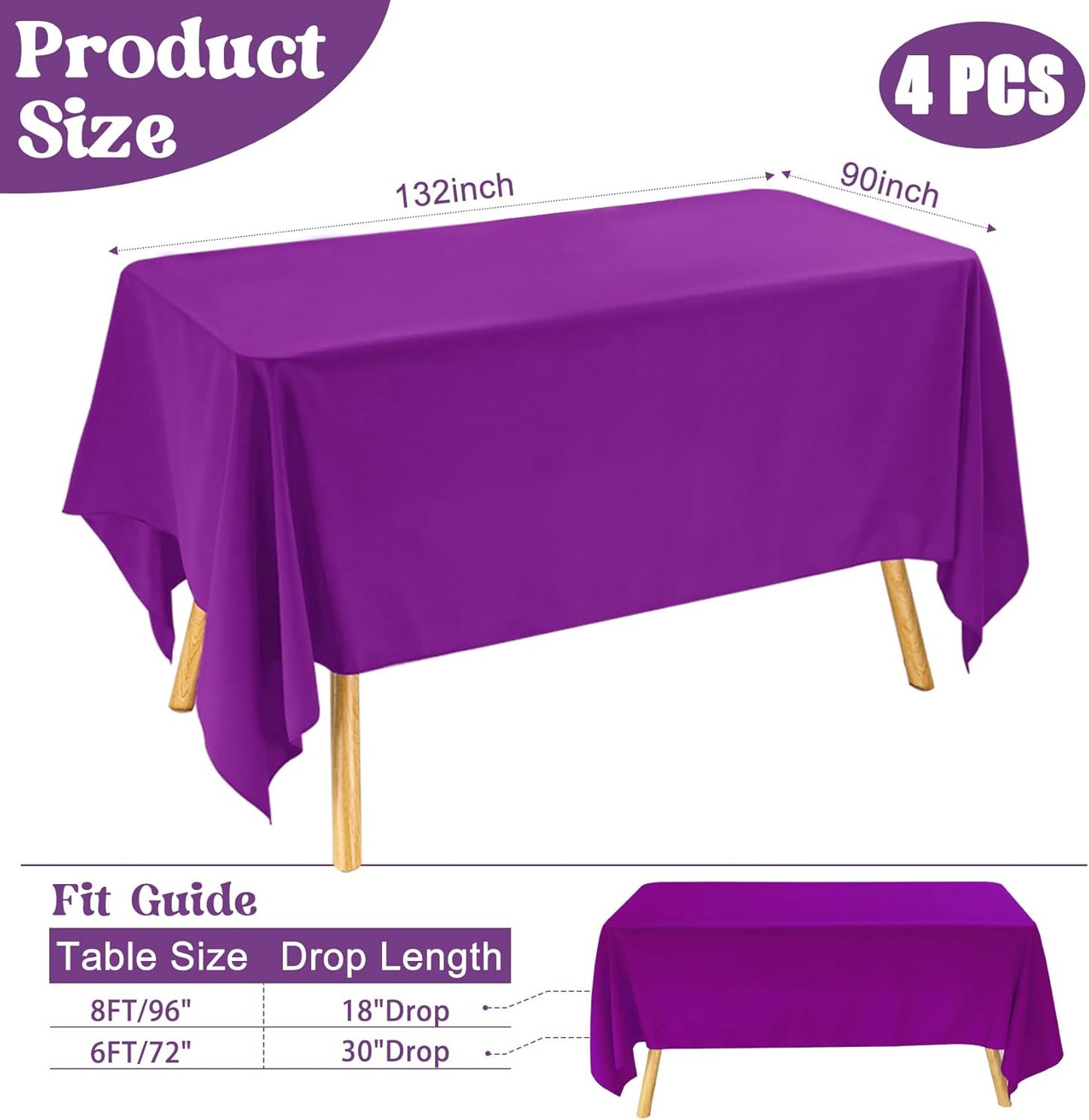 4 Pack Rectangle Tablecloth 90x132Inch Purple Rectangle Tables Washable Polyester Table Cover for Wedding Dining Table Buffet Parties Banquet Decoration（Purple）