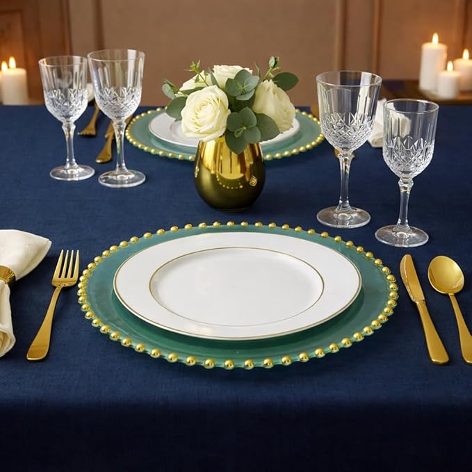 PLASTICPRO Translucent Green with Gold Rim Plastic Charger Plates with Beaded Edge – Pack of 8 – 13" Elegant Round Disposable Chargers for Weddings, Events, Parties, and Dinners