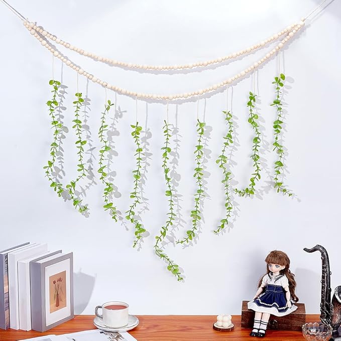 arricraft Hanging Eucalyptus Boho Wall Decor, Lime Green Artificial Eucalyptus Leaf Wall Hanging Decorations with Wooden Beads and Jute Cords for Living Room Bedroom Kitchen Decoration, 52 Inch