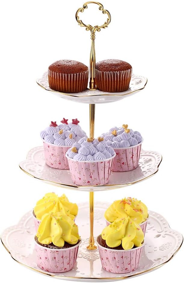 3-Tier Round Ceramic Cupcake Stand, High Tea Stand for Wedding and Birthday Party