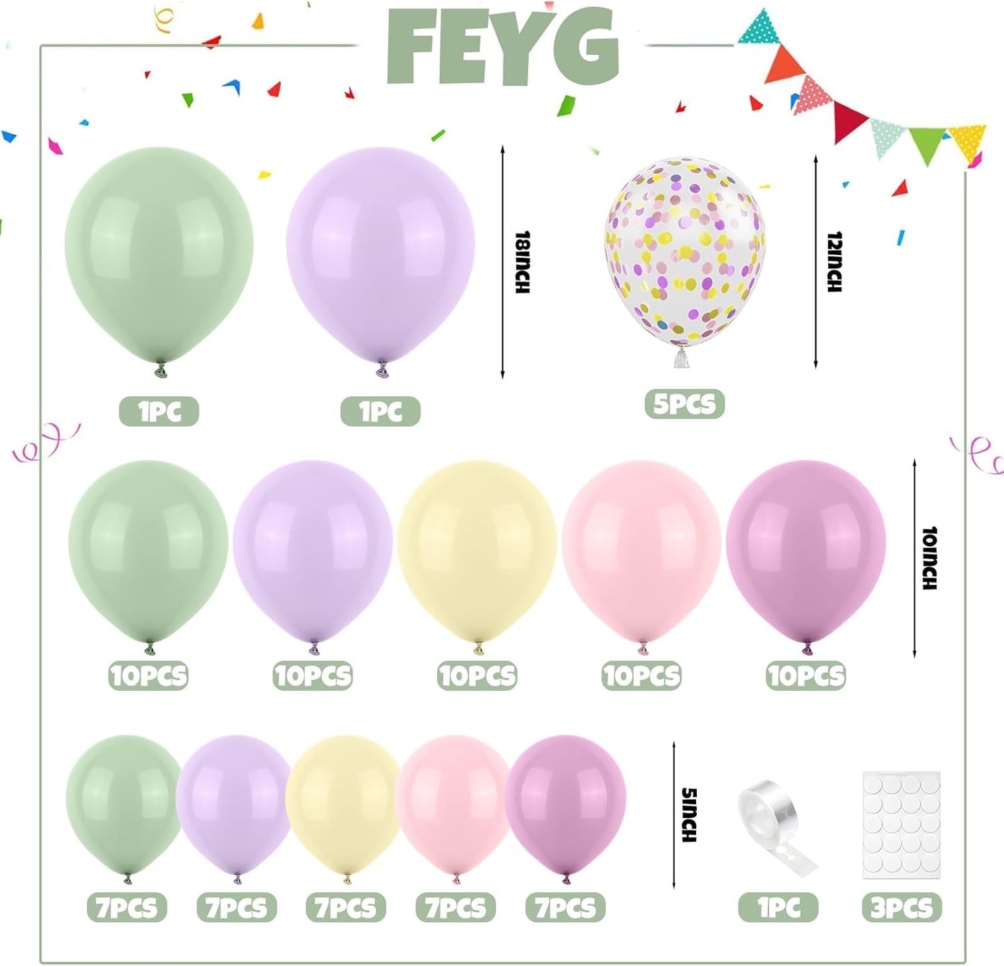 Dusty Green Purple Pink Balloon Garland, Lavender Mist Green Pastel Pink Yellow Balloon Arch Wildflower Balloons with Pastel Confetti for Baby Shower Birthday Wedding Flower Party Decoration
