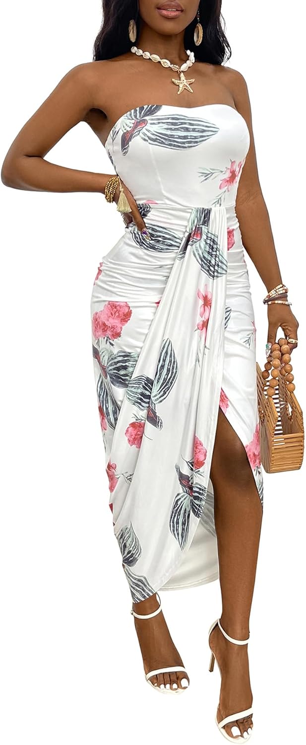 Umenlele Women's Strapless Ruched High Waist Wrap Split Asymmetrical Beach Maxi Long Dress