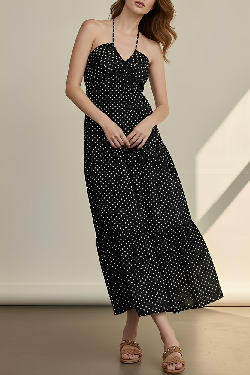 Women's Casual Halter Tiered Vacation Maxi Dress with Pockets