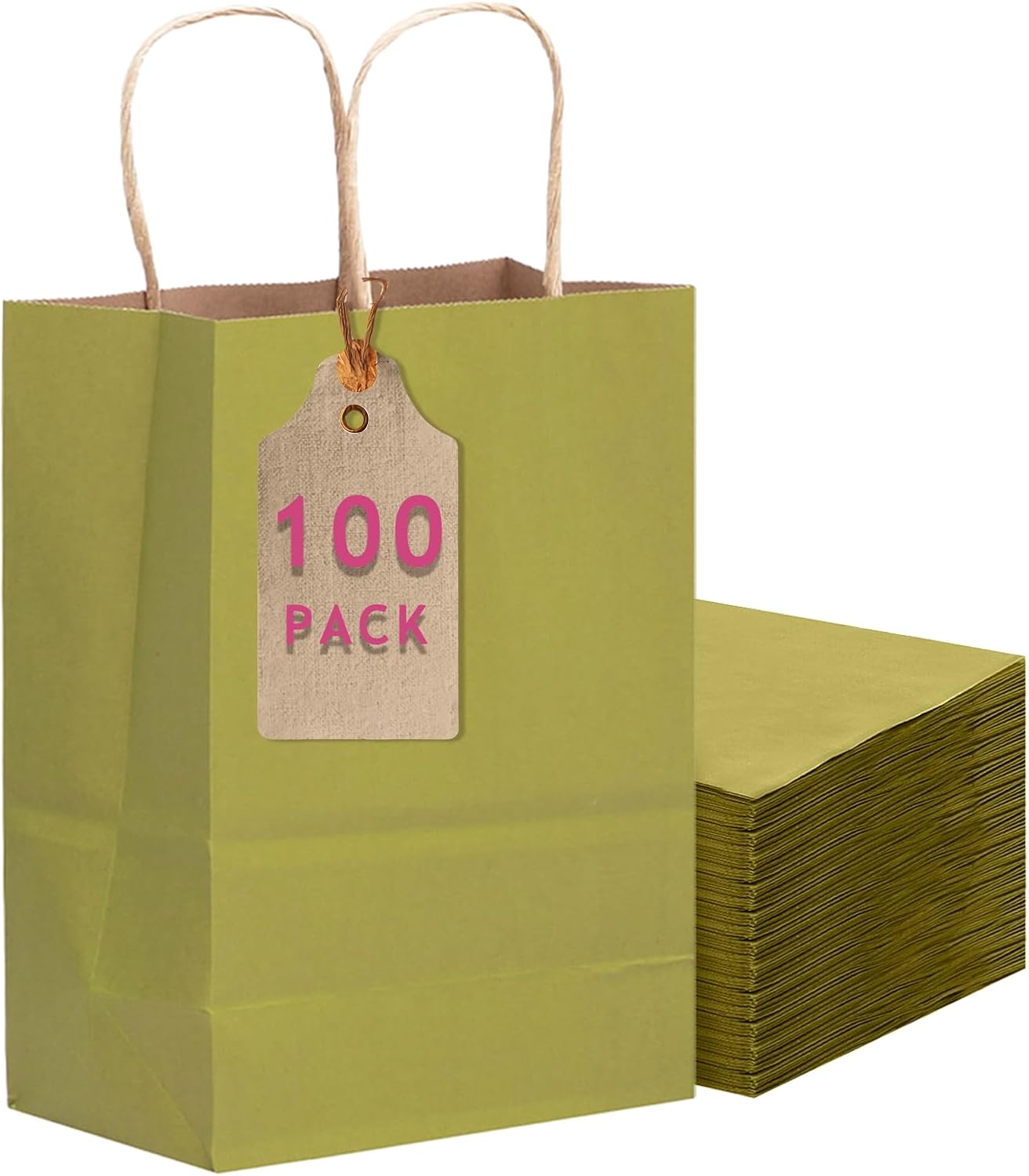 qiqee 100PCS Gift Bag with Handles Bulk Forest Green Paper Bags Multiple Uses (11"x5"x8" Medium Size)