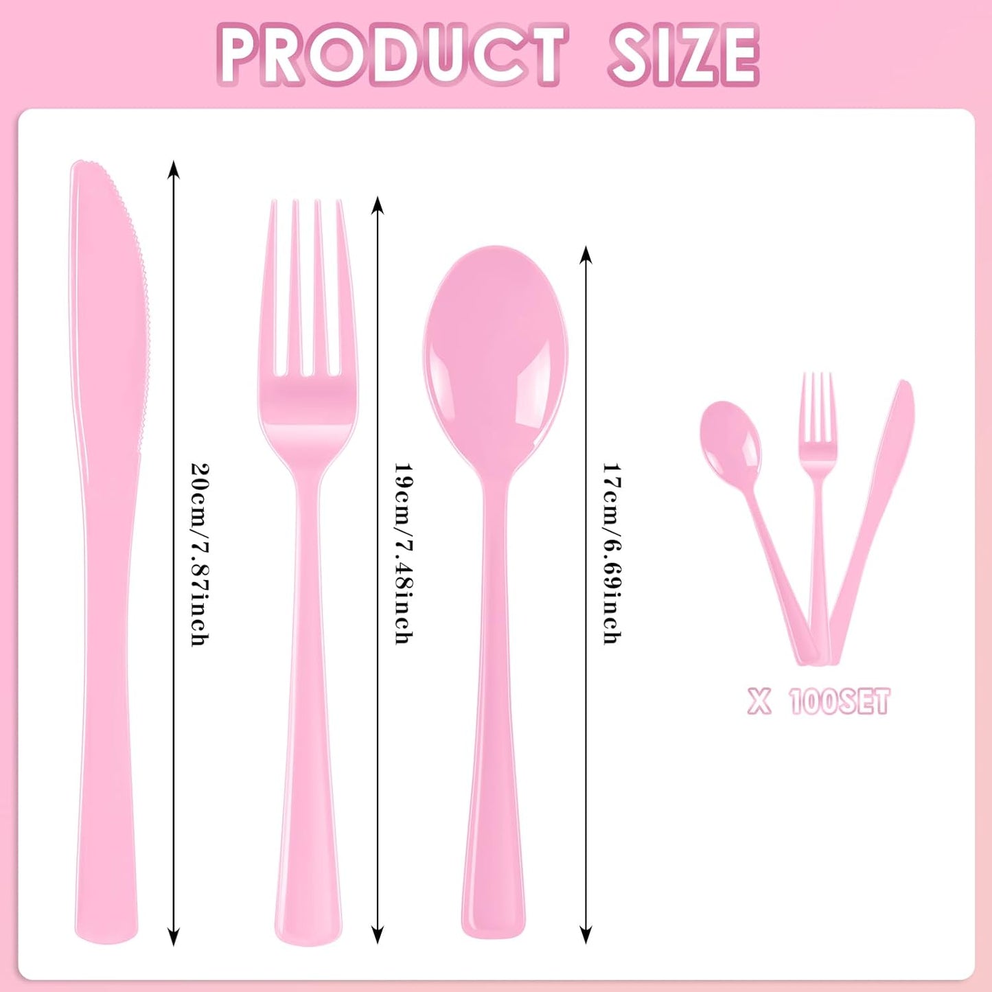 300 Pack Pink Disposable Plastic Silverware Heavy Duty, Plastic Cutlery Set,Forks and Spoons Knives Set for Birthday Party Prom Night, Weddings
