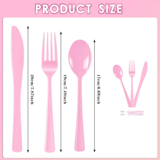 300 Pack Pink Disposable Plastic Silverware Heavy Duty, Plastic Cutlery Set,Forks and Spoons Knives Set for Birthday Party Prom Night, Weddings