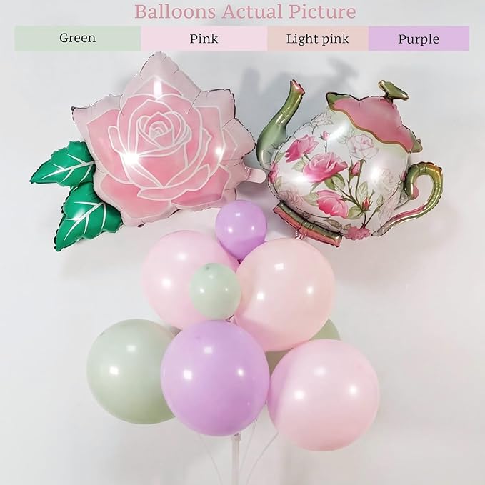 Tea Party Balloon Garland Kit 150Pcs – Pink Sage Green Pastel Purple Balloons with Teapot & Floral Foil – Garden Party Decorations, Baby Shower, Bridal Shower, High Tea, Let's Partea Decor