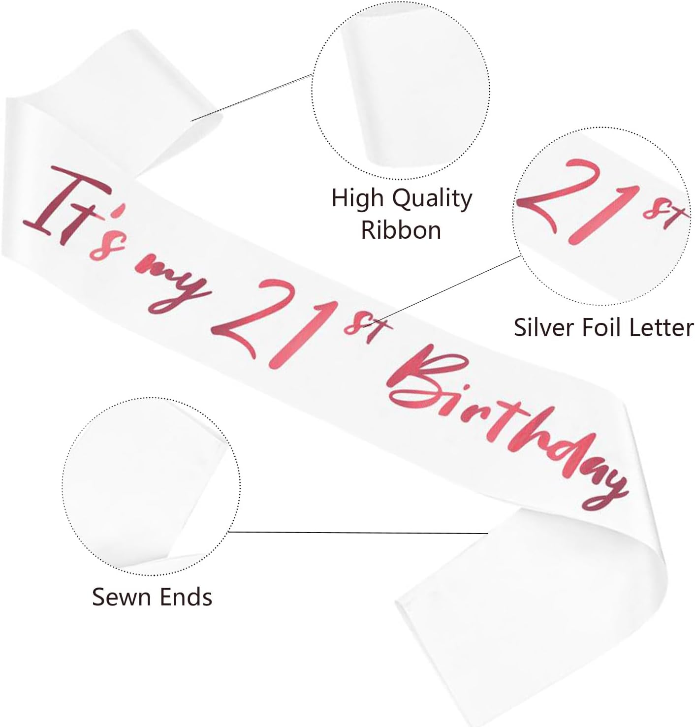 21st Birthday Sash, White Satin Soft Sashes with Pink Foil Letter, Birthday Decorations for Girls Happy 21st Birthday Party Favor Supplies, White Pink