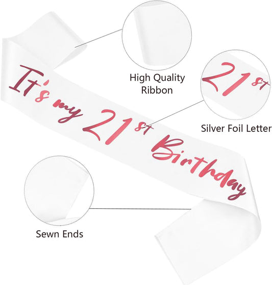 21st Birthday Sash, White Satin Soft Sashes with Pink Foil Letter, Birthday Decorations for Girls Happy 21st Birthday Party Favor Supplies, White Pink