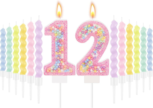 MTLEE Number 12 Birthday Candle with 12 Pcs Spiral Candles for Girls Macaron Pastel Rainbow Unicorn Pink Cake Topper for Sweet Theme Party Decoration