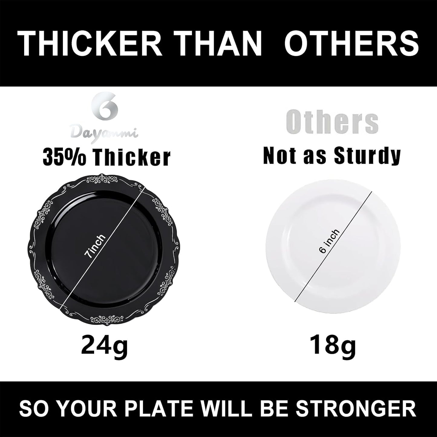 DaYammi 60PCS Black and Silver Plastic Plates, Heavy Duty Black and Silver Disposable Plates Premium 7.5 inch Dessert Cake Salad Appetizer Plates Hard Plastic Plates Disposable for Halloween Party