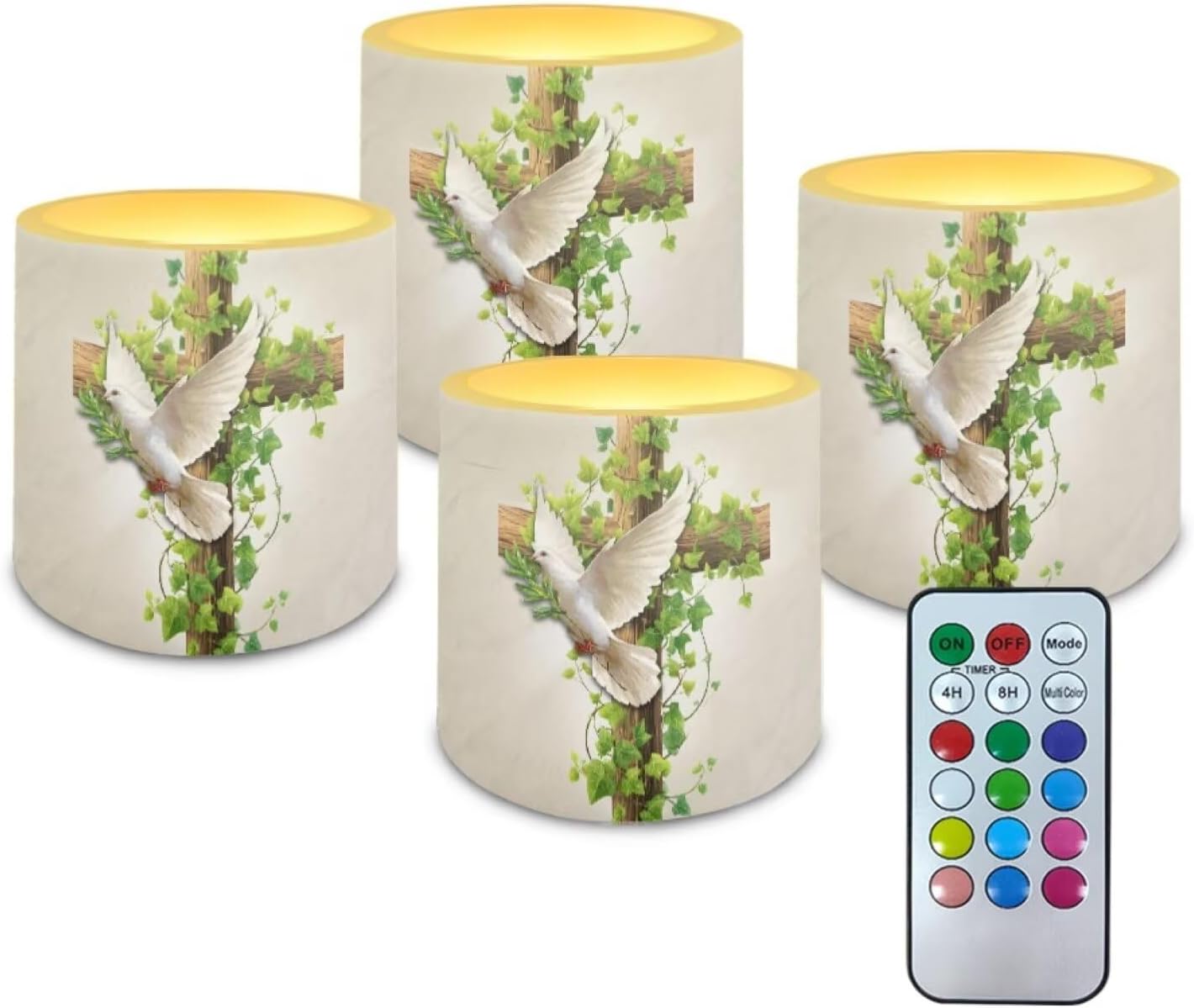 Poceacles 4 Pack Flickering Flameless LED Candles with Remote Timer, 3 AAA Batteries Operated (Not Include), Colorful Flame Effect Realistic LED Lights Home Decor, Cross Dove of Peace Retro