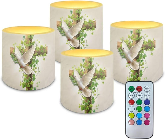 Poceacles 4 Pack Flickering Flameless LED Candles with Remote Timer, 3 AAA Batteries Operated (Not Include), Colorful Flame Effect Realistic LED Lights Home Decor, Cross Dove of Peace Retro