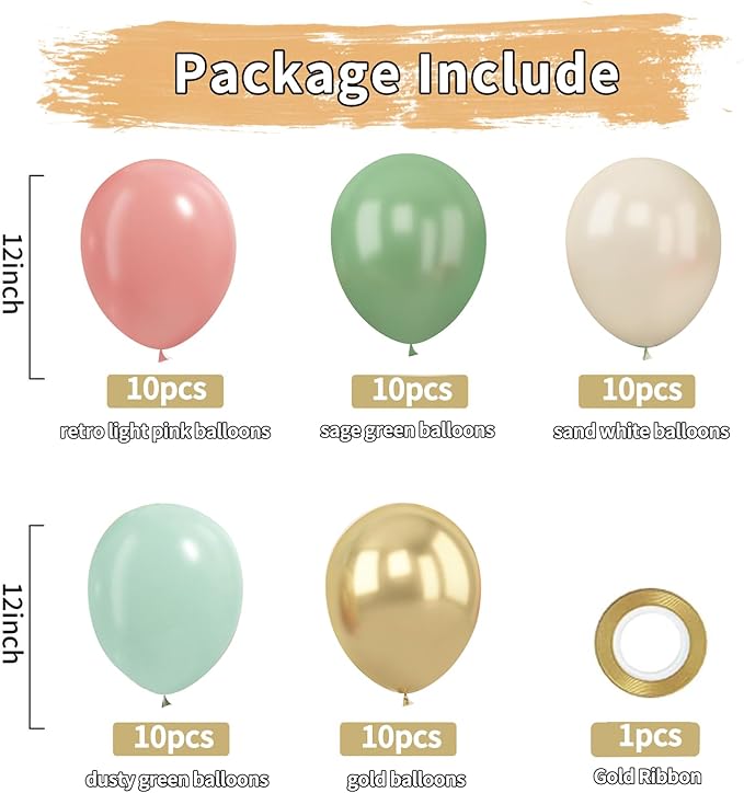 Zesliwy Sage Green Pink Gold Balloons,50Pcs 12Inch Dusty Mint Green Sand White Metallic Gold Balloon Retro Light Blush Pink Balloon for Birthday Jungle Safari Bridal Shower Wedding Party Decoration
