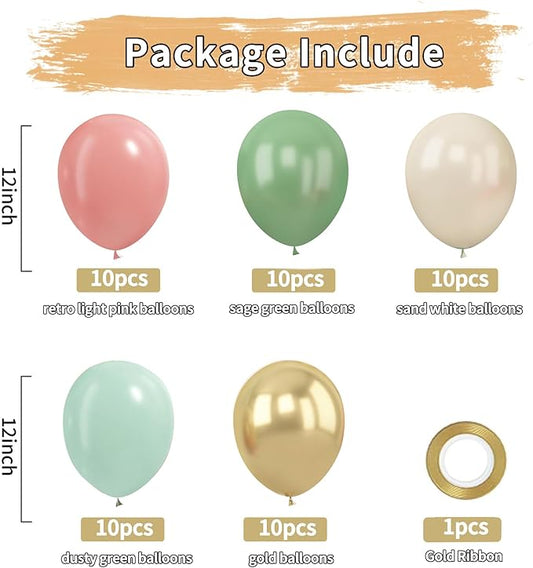 Zesliwy Sage Green Pink Gold Balloons,50Pcs 12Inch Dusty Mint Green Sand White Metallic Gold Balloon Retro Light Blush Pink Balloon for Birthday Jungle Safari Bridal Shower Wedding Party Decoration