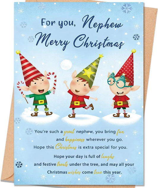 Christmas Card Gift for Nephew, Nephew Christmas Card from Auntie Uncle, Cute Festive Elf Design for Boys