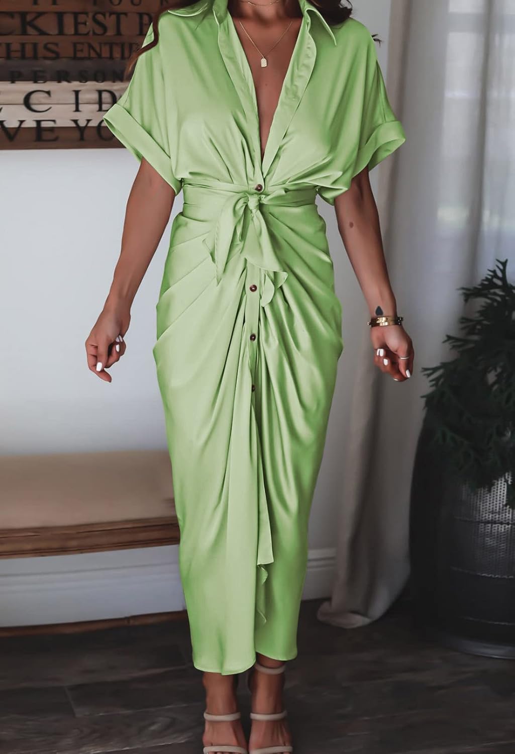 Women Elegant Satin Button Down Short Sleeve Maxi Shirt Dress with Belt