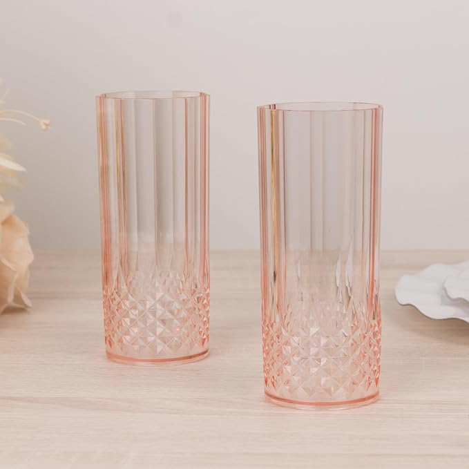 Efavormart 6-Pack Plastic Highball Glasses, 14oz Shatterproof Crystal Cut Drink Glasses for Kitchen Mojito Whiskey Cocktail, Transparent Blush