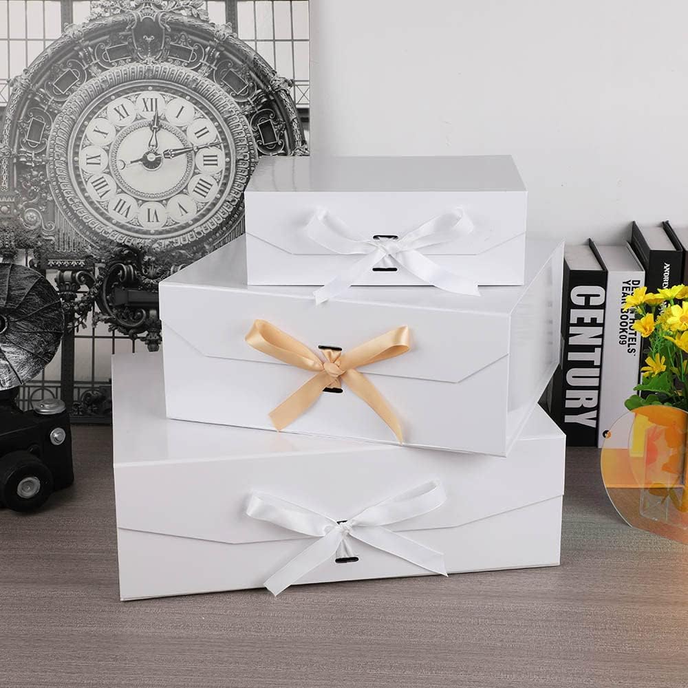 White Large Gift Box 13x11x5.3 Inches With Ribbon, Lid Magnetic Closure, Christmas, Rectangle Collapsible for Men Shoes (Matte White)