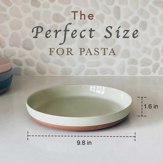 Mora Ceramic Flat Pasta Bowl Set of 4-35oz, Microwave Safe Plate with High Edge for Kitchen and Eating, Large Wide Bowls/Plates for Serving Dinner, Salad, etc- Neutrals
